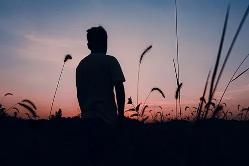 clinical-depression-help A man walking in a field at sunset